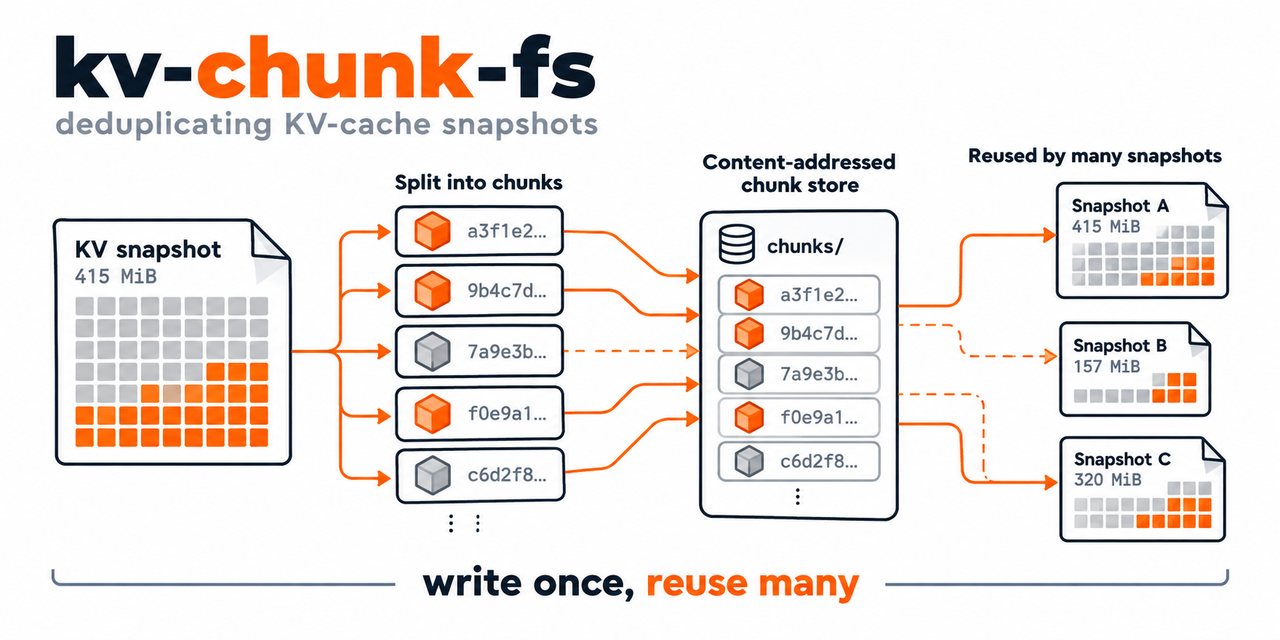 Diagram: a KV snapshot is split into content-addressed chunks; the chunk store keeps each chunk once, and many snapshots reuse it: write once, reuse many.